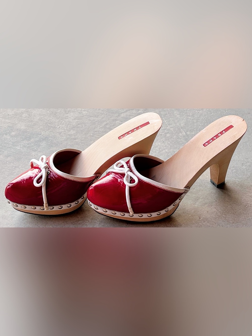 Prada Vintage Y2K Patent Leather Bow Studded Wood Platform Mule Clogs Red EU 39